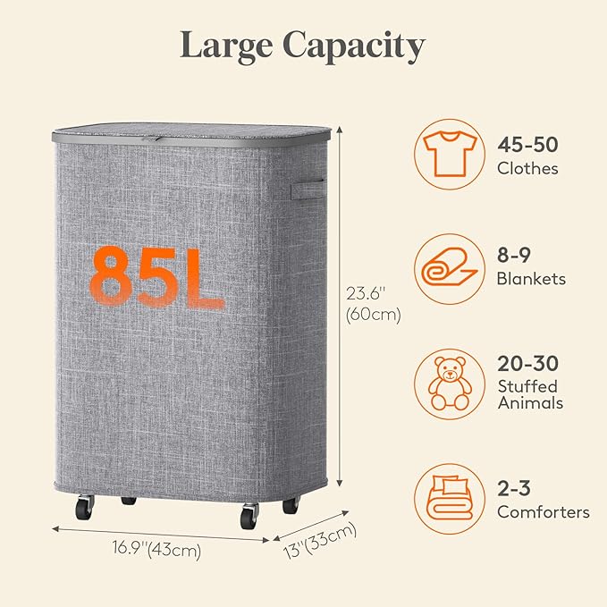 Lifewit 85L Plastic Laundry Basket with Lid, Large Clothes Hamper with Wheels and Removable Bag, Tall Collapsible Rolling Storage Bin for Dorm Bedroom Bathroom, Light Gray