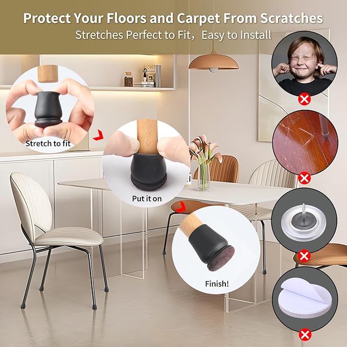 Ezprotekt 24 Pcs Small Silicone Chair Leg Floor Protectors for Hardwood Floors, Felt Furniture Pads Covers, Bar Stool Floor Protectors Caps for Chair Sliders - No Scratches (Fit 0.63"- 0.75", Black)