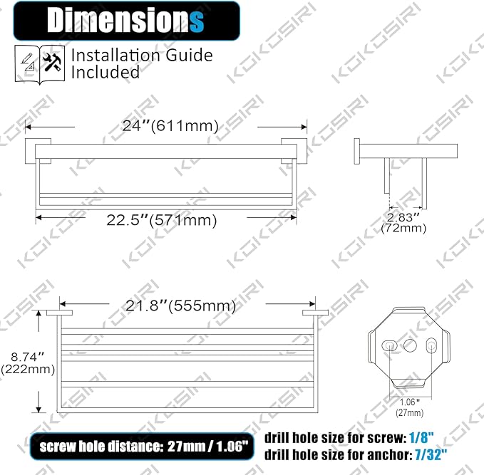 KOKOSIRI Towel Rack 24'' Bathroom Towel Shelves with Double Towel Bars SUS304 Stainless Steel Wall Mounted, Brushed Nickel, B6003BR