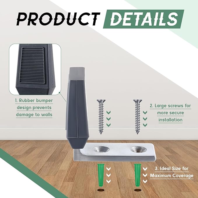Moxweyeni 2 Pack Floor Door Stop Angle Door Stopper Floor Mounted Heavy Duty Base Fits Doors with up to 2" Gap Comes with Rubber Bumper Stainless Steel Screws Suitable for Wood Concrete Floors(Grey)