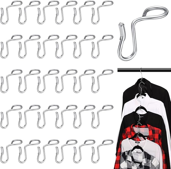 Sratte 50 Pieces Clothes Hanger Connector Hooks, Metal Clips Extender Hooks for Velvet Hangers Closet Space Saving(Silver,50 Pieces)