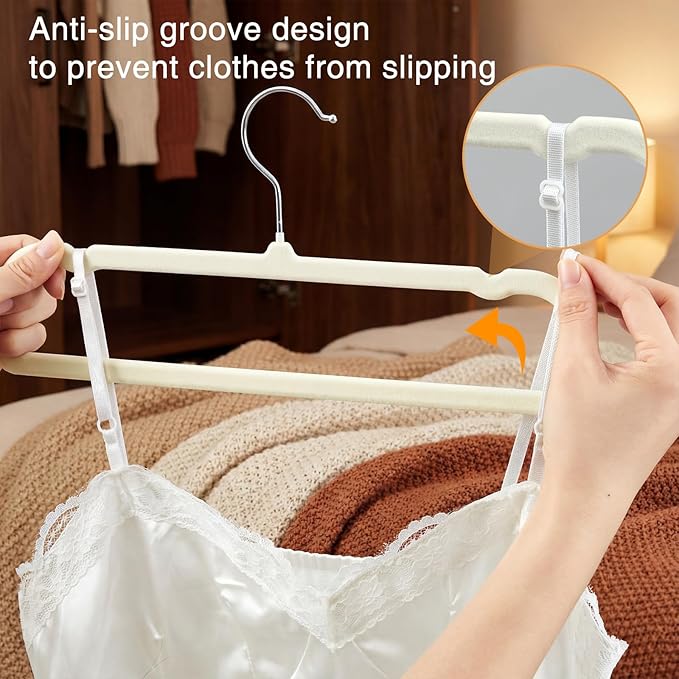 60 Pack White Velvet Pants Hangers with 60 Hooks Non Slip, Felt Trouser Hanger for Closet, Thin Space Saving Clothes Hanger, Strong, Durable, 360 Degree Rotatable Hook for Tank Top, Shorts