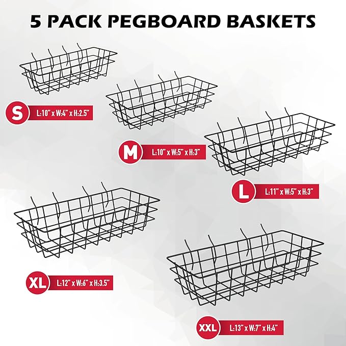 5-Piece Pegboard Baskets Set - Heavy Duty Peg Board Organizer Accessories Bin Set, Premium Black Metal Wire Baskets Tool Shelves, Wall Mount Storage for Garage Workshop Craft Room