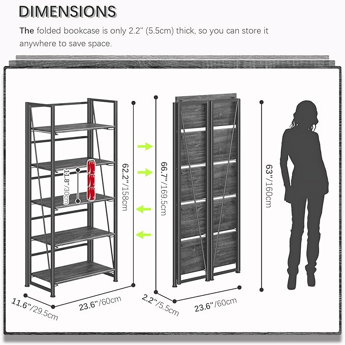 4NM No Assembly Folding Bookshelf, 5-Shelf 62.2" H Collapsible Foldable Bookcase Storage for Small Spaces, Gray and Black