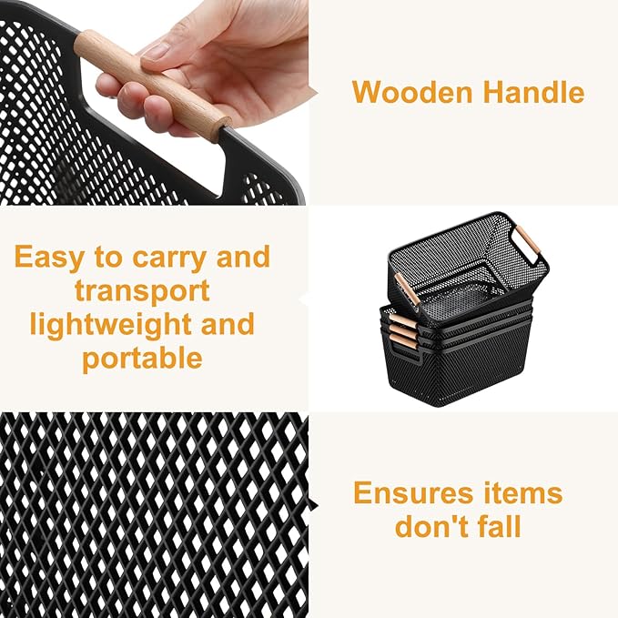 Tioncy 4 Pcs Plastic Mesh Baskets with Wood Handle Woven Mesh Storage Organizer Bins Multi-function Rectangle Baskets for Home Pantries Shelves Closet Kitchens Bedrooms(12.01 x 8.03 x 5.59 Inches)