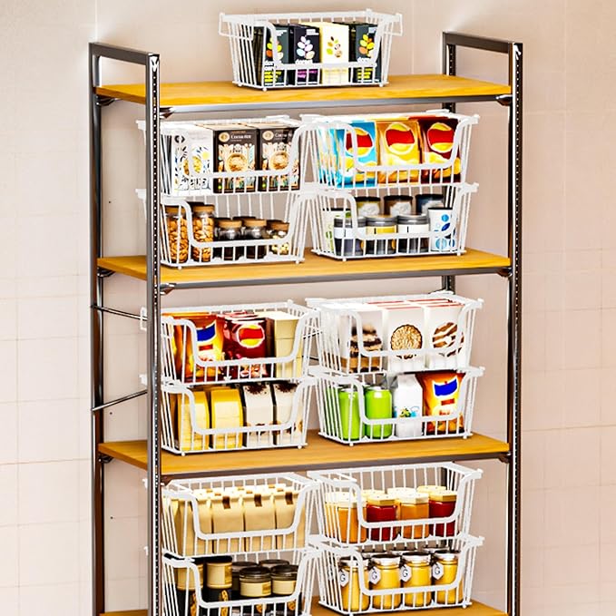 5 Pack Enhanced Leak-Proof Bottom Stackable Wire Baskets, Pantry Organizers and Storage, pantry storage，Shelf Baskets, Fruit Basket, Potato and Onion Storage Bins，(White)
