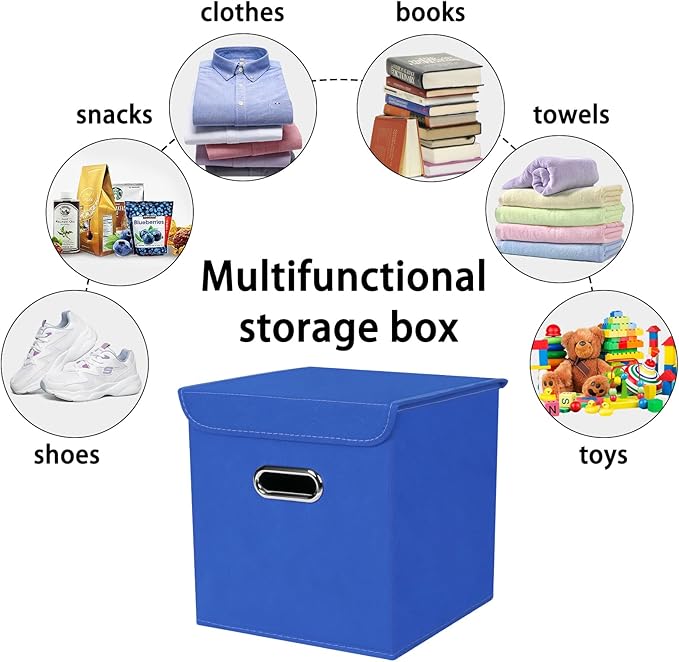 Closet Organizers Fabric Storage Bins With Lids Collapsible Cube Storage Organizer Basket With Handles,Storage Boxes for Clothes Storage,Office,Laundry,Shelves,6 Pack,（Dark Blue）