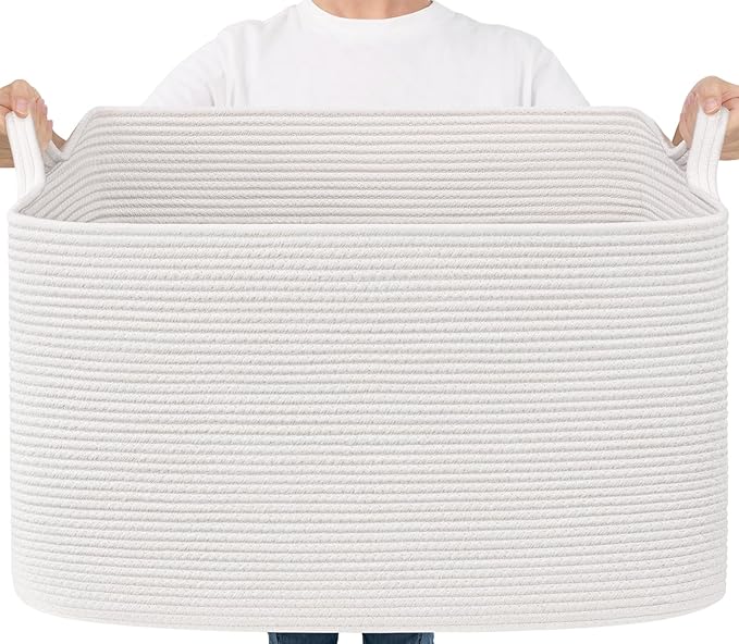 Goodpick 85L Large Woven Blanket Basket 23.6" x 15.7" x 13.8" Cotton Rope Storage Baskets for Organizing, Soft Dirty Clothes Basket for Bedroom Bathroom, Toy Baskets Storage Kids, White