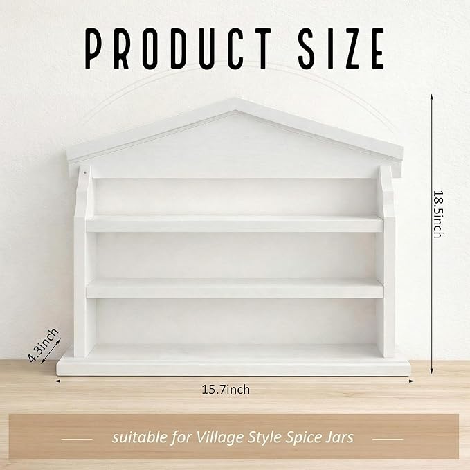 Chunful Vintage Spice Village Wooden Rack 22 x 16 Inches 3 Tier White Display Rack for Wall Mounting Kitchen Storage Spice Village Display Shelf for 24 Jars, Shelf Only