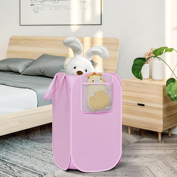 Polyester Strong Mesh Pop-up Laundry Hamper, Quality Pop Up Hampers for Laundry with Durable Handles Solid Bottom High Carbon Steel Frame, Easy to Open and Fold Flat for Storage(Light Pink)