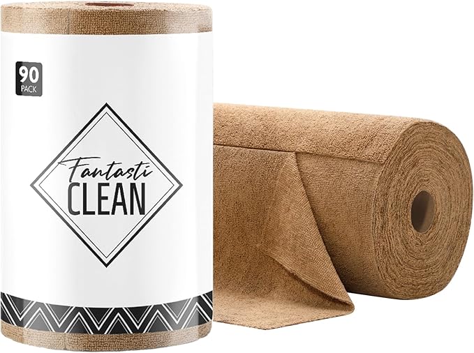 Fantasticlean Microfiber Cleaning Cloth Roll -90 Pack, Tear Away Microfiber Towels, 12" x 12", Reusable, Washable, Scratch Free, Ultra Absorbent for All-Around Cleaning Supplies (Tan)