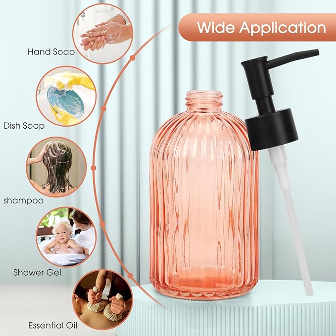 Topsky 2 Pack Glass Soap Dispenser with Black Plastic Pump, 400ml Liquid Hand Soap Dispenser, Rustproof Pump for Kitchen & Bathroom, Great for Lotions, Essential Oil, Liquid Soaps-Pinkish Orange