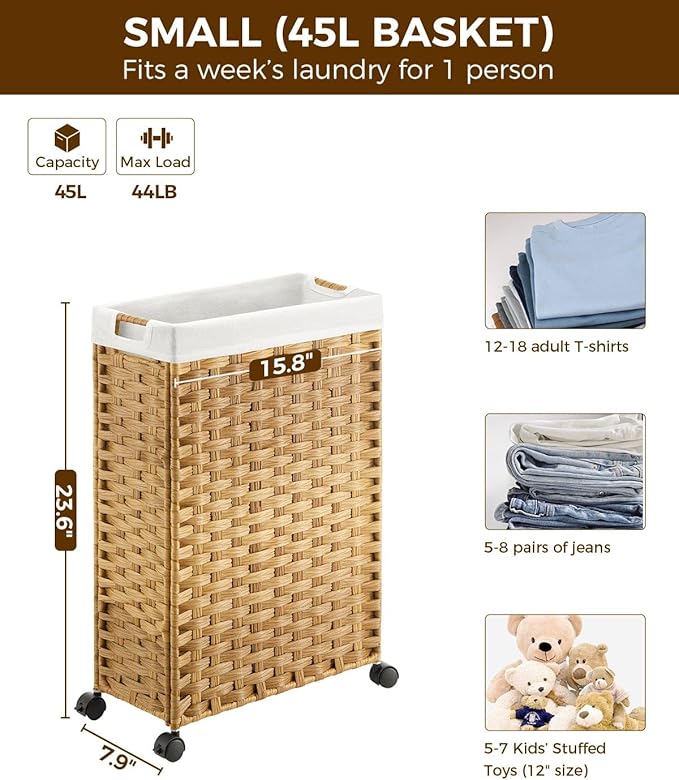 Greenstell Laundry Hamper with Wheels, 11.9 Gallon (45L) Small Clothes Hamper with 2 Removable Liner Bags & 2 Mesh Bags, Slim Rattan Laundry Basket for Bathroom, Bedroom, Natural
