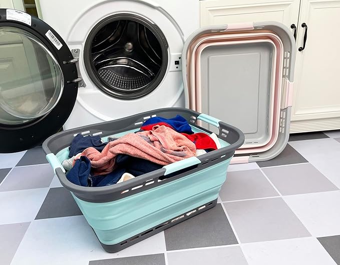 SAMMART 42L (11 Gallon) Collapsible Plastic Storage Basket - Foldable Pop Up Storage Container - Portable Laundry Organizer - Space Saving Hamper (Pink+Lake Green, 42L (Style A))