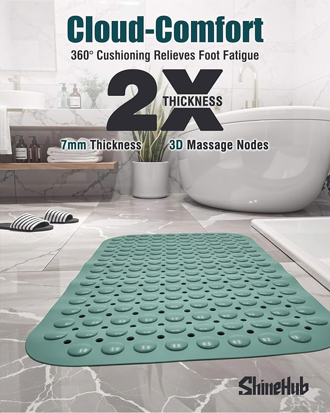 ShineHub Non-Slip Bath Mat for Tub Shower, TPE Machine Washable Bathroom Essentials with Suction Cups, Quick-Dry 28x16 inch (Smoke Pine Green)