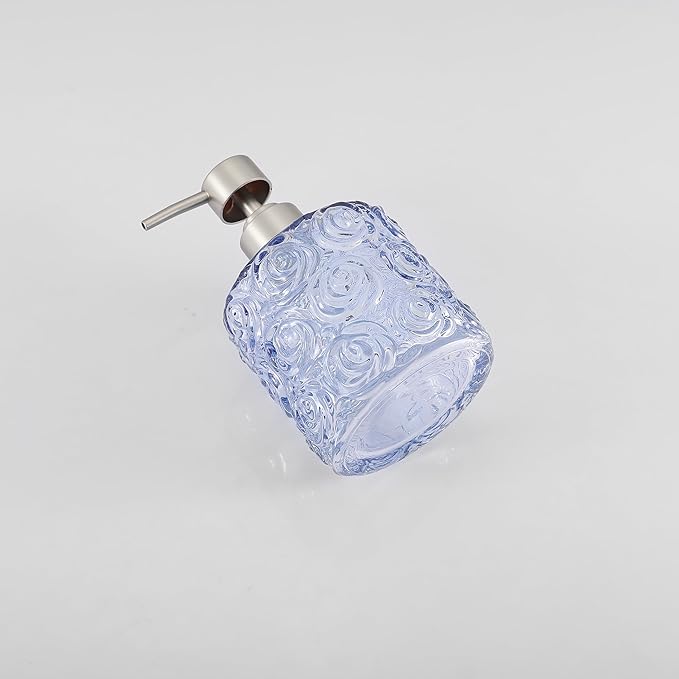 Marcella Glass Soap Dispenser with Soap Pump, Refillable 14 Ounce Capacity, Floral Design Rose Patterns, Heavy Weight Thick Glass for Bathroom, Premium Kitchen Soap Dispenser Cornflower Blue