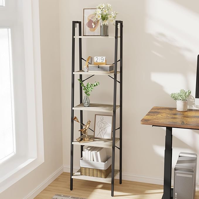 Ladder Shelf, Bookshelf Bookcase, Freestanding Corner Storage Shelve with 2 Hooks for Home Office, Living Room, Kitchen, Bedroom, Industrial, 11.8" D x 17.3" W x 63" H, Greige BC19205B