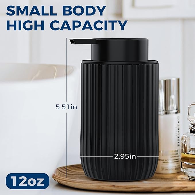 Ceramic Foaming Hand Soap Dispenser 2Pack，12 oz Bathroom Soap Dispensers， Lotion Dispenser for Kitchen, Refillable Matte Streaks Soap Dispenser with Large Pump (Black-2Pack)