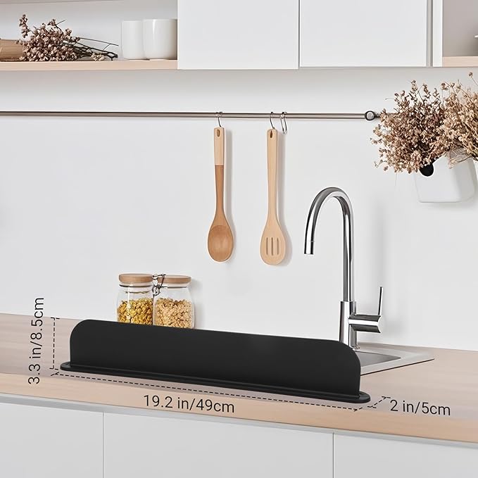 19.29 inch Sink Water Splash Guard, Silicone Sink Splash Guard, Backsplash Protector for Kitchen Countertop & Bathroom Bathtub with Non-Slip Strong Suction, Black