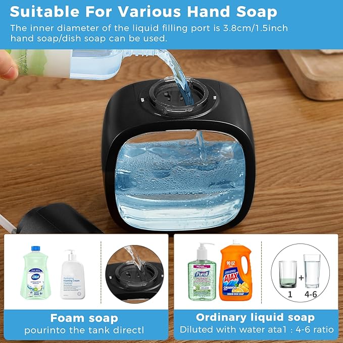 Automatic Foaming Soap Dispenser, 17oz/500ml Touchless Rechargeable with 4-Level Adjustable & IPX5 Waterproof - Level Display for Wall/Tabletop Use in Bathroom, Kitchen, Black
