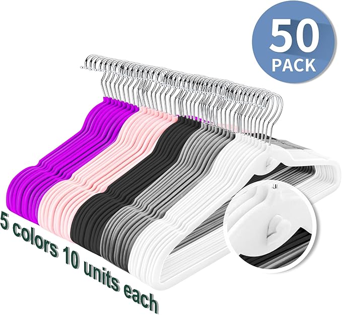 Multi-Color Velvet Hangers 50 Pack with Cascading Hooks, Non-Slip Black, Pink, White, Grey, and Purple Velvet Hangers for Clothes, Suits, and Coats