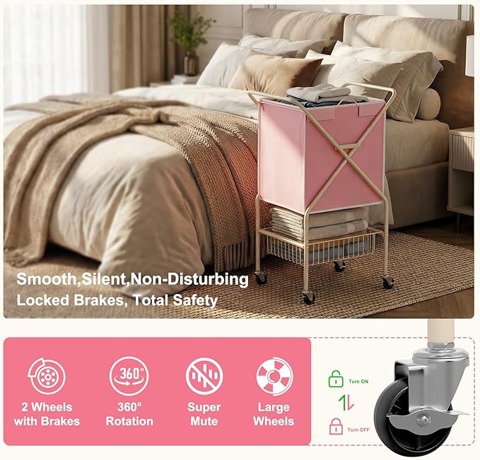 Convenient Laundry Basket with Wheels,36" High Easy Rolling Laundry Cart with Wheels,Heavy Duty Dirty Clothes Laundry Hamper with Handles Removable Bag for Seniors,Folding Metal Frame/Pink/98L