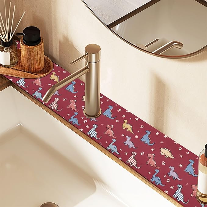 Red Dinosaur Stars Paw Prints Colorful Hearts Kitchen Sink Splash Guard Sink Faucet Mat Faucet Handle Drip Catcher Drain Mats for Kitchen Bathroom Countertop Absorbent Dish Dryi