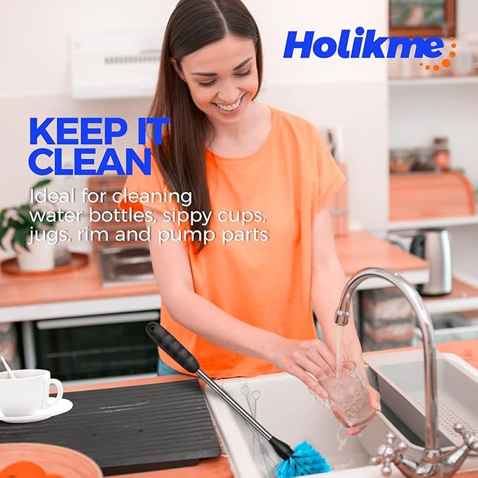 Holikme Bottle Brush Cleaner Set, 14" Long Handle Stainless Steel Bottle Cleaner Brush, 3 Straw Cleaner Brush, Bottle Cleaning Brush for Water Bottle, Cups, Abrasive Flat End Brushes, Straws Blue