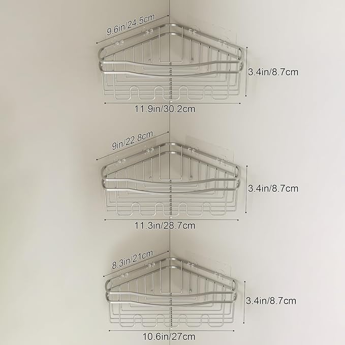 Chrome Shower Caddy Corner, 3-Pack Adhesive Shower Shelves for Inside Shower, Rustproof Bathroom Organizer Corner with Built-in Hooks, No Drilling Bathroom Storage for Bath Accessories