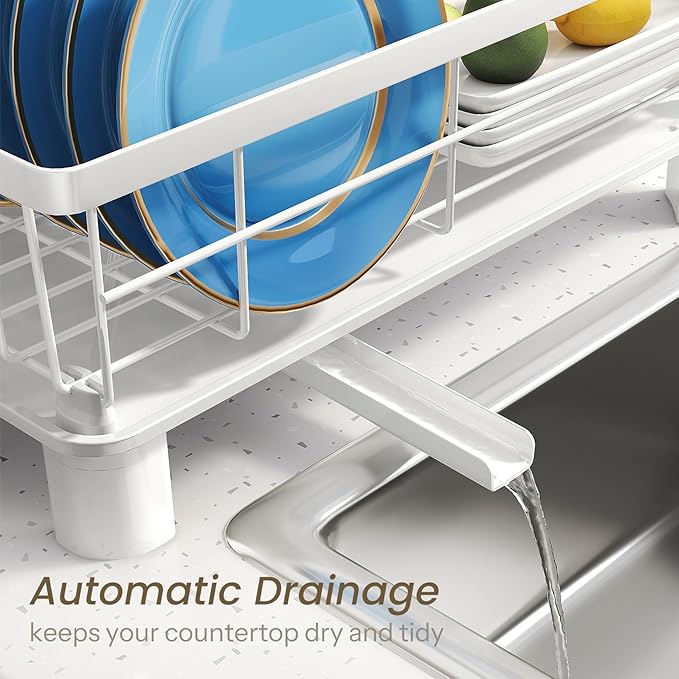 SNTD Dish Drying Rack - Small Dish Rack for Kitchen Counter, Stainless Steel Dish Drainer with Utensil Holder and Drainboard, 11" W x 15" L (White)