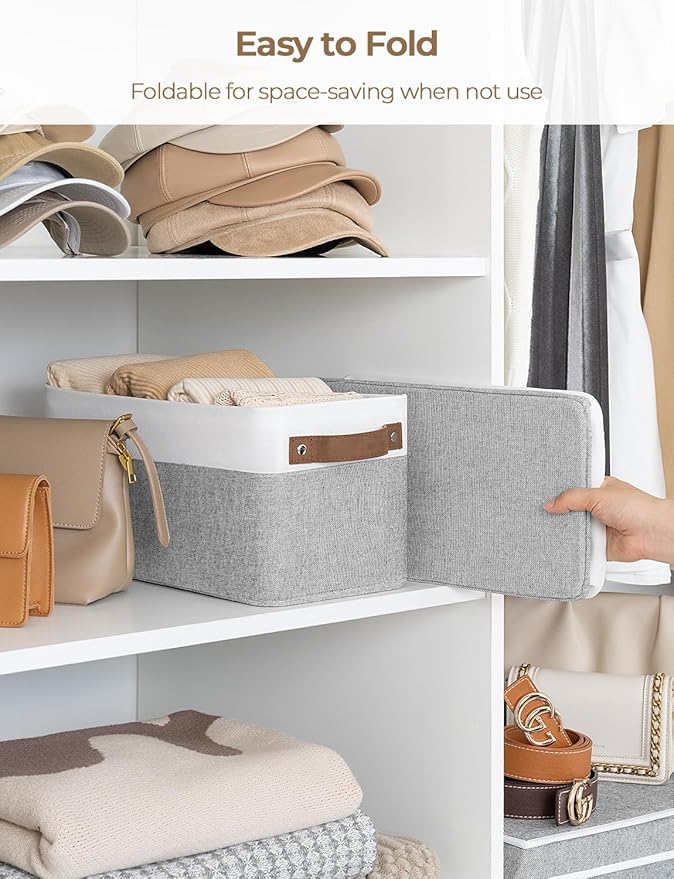StorageWorks Narrow Storage Bins, Small Basket for Closet and Shelves, Rectangular Fabric Organizer with Handles, Toilet Paper Storage, Gray and White, 2-Pack