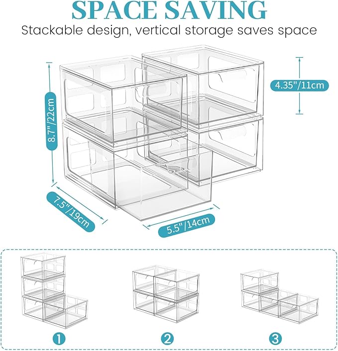 6 Pack Stackable Plastic Makeup Organizer Drawers, Acrylic Organizers, Clear Storage Bins with Pull-Out Handles for Vanity, Kitchen Cabinets, Pantry