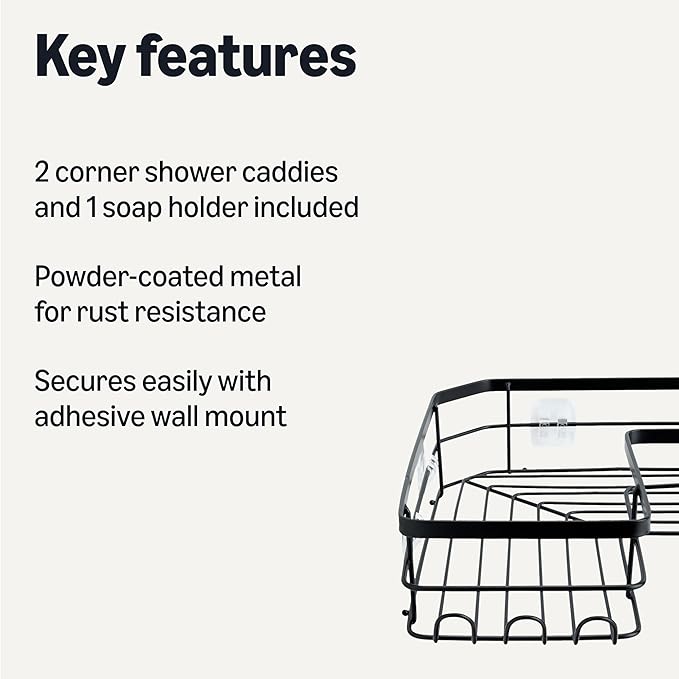 Amazon Basics Corner Shower Caddy Organizer, Stainless Steel, Black, Set of 3