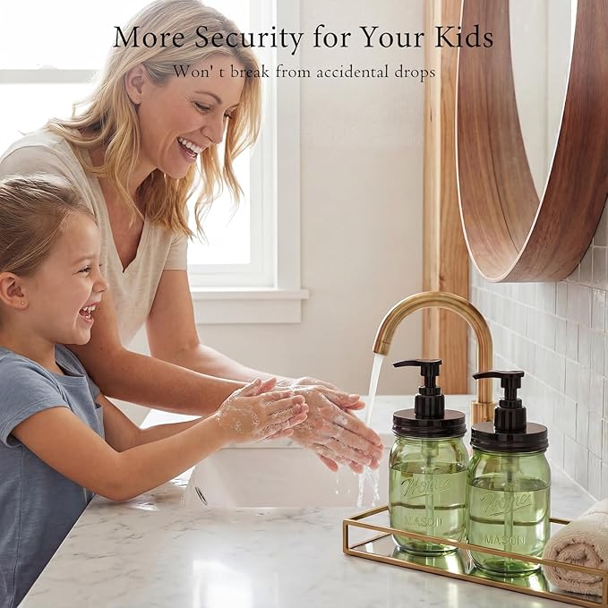 Amolliar Plastic Mason Jar Soap Dispenser with Pump Lid,16OZ Refillable Hand Soap Dispenser Set with Cute Lables - Farmhouse Decor for Kitchen Bathroom, Liquid Soap, Dish Soap, Lotion (2 Pack, Green)
