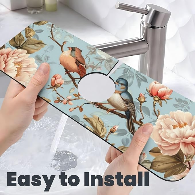 Faucet Draining Mat For Kitchen Sink, Blue Birds Peonies Flowers Diatom Mud Absorbent Drain Pad For Bathroom Kitchen Sink Splash Guard Drying Mat
