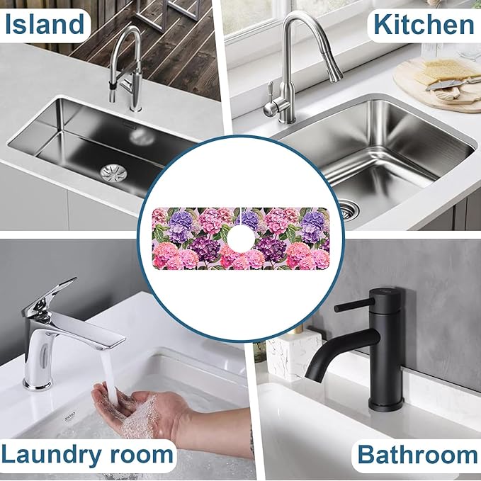 Colorful Hydrangea Sink Splash Guard Faucet Mat Purple Pink Hydrangea Super Absorbent Fast Drying Mat Sink Gadgets-Splash Guard Behind Faucet Drip Catcher for Kitchen Bathroom, 15.5"x5.5"