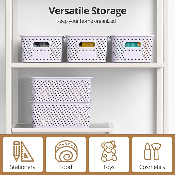 Plastic Storage Bins with Lid, Stackable Small Box Basket for Organizing and Containers for Shelves Drawers Desktop Closet Playroom Pantry Classroom Office Home, 8-pack 10.2"x7.2"x4.1" Lavender