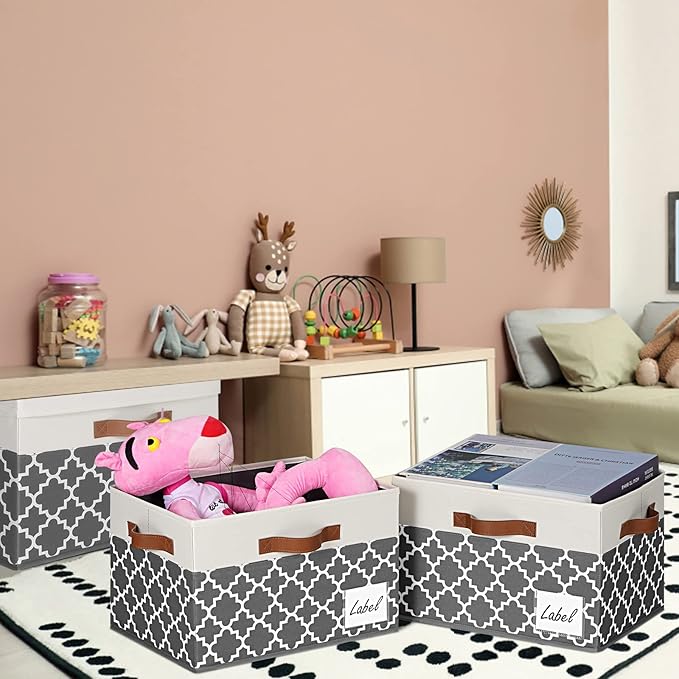 GhvyenntteS Large Fabric Storage Bins with Lids (3 Pack), Foldable Decorative Storage Boxes with Lids and 3 Handles, Sturdy Storage Baskets with Label Window for Home Office (White&Lattice Grey)