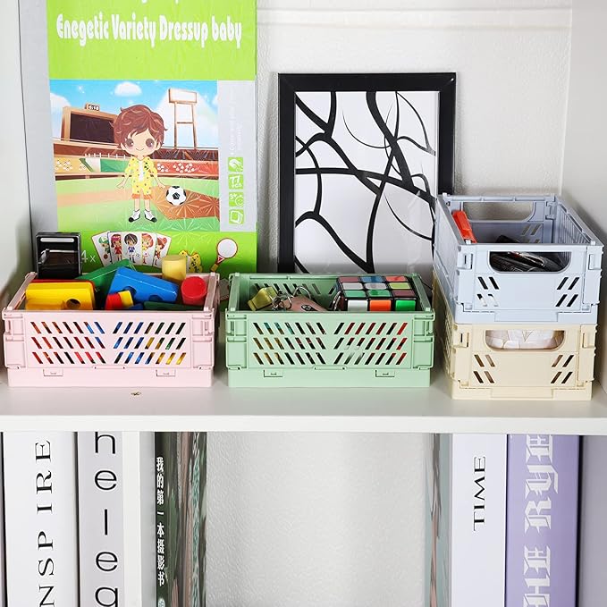 4-Pack Mini Plastic Baskets for Shelf Storage Organizing, Durable and Reliable Folding Storage Crate, Ideal for Home Kitchen Classroom and Office Organization, Bathroom Storage (5.9 x 3.8 x 2.2)