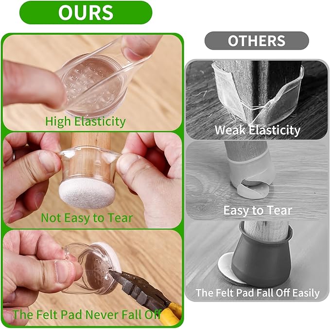 24PCS Clear Chair Leg Floor Protectors, Round Felt Furniture Pads for Hardwood Floors, Silicone Chair Leg Caps, Chair Feet Covers to Protect Floor from Scratches & Noise(Fit: 0.55"-0.75")
