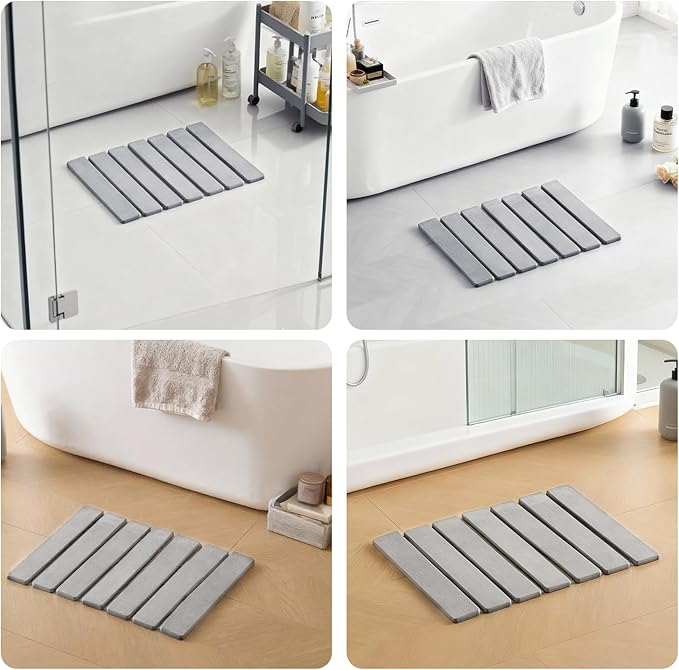 ODE TO ORDER 15.76 Inch Super Absorbent Diatomaceous Earth Mat for Bathroom, Light Grey Easy Clean Rollable Foldable Stone Bath Mat, Non-Slip Quick Dry Shower Mat for Kitchen, Outdoor Use