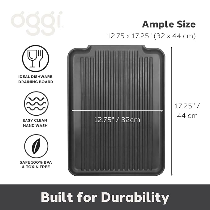 Oggi Dish Drain Board & Drying Rack Tray for Kitchen - Ideal Rigid Drainboard, Plate & Glass Drainer Tray, Dish Drain Boards for Kitchen Counter, 12.75 x 17.25 - Black