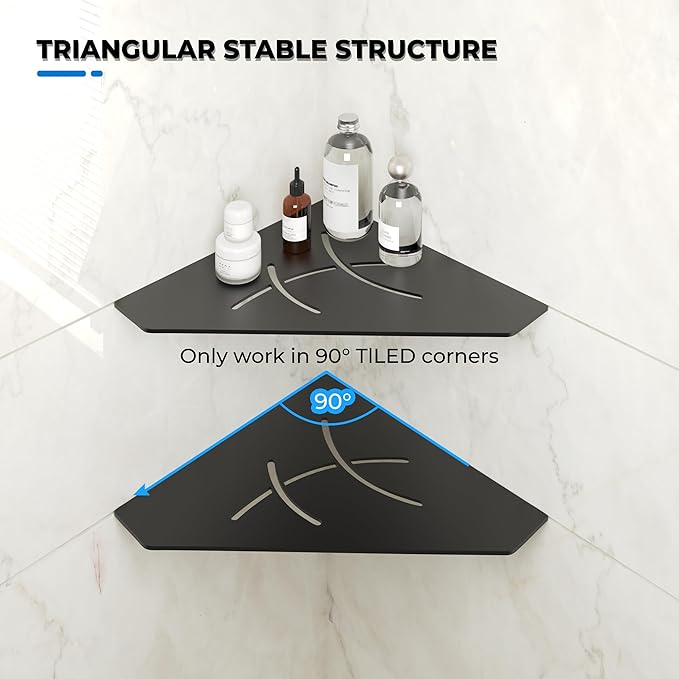 FerdY 2-Pack 10" Matte Black Recessed Corner Shower Shelf, for Tiled Bathroom Walls, Floating Shower Shelf, 304 Stainless Steel Shower Caddy Storage Shelves, No Drilling Required, Irregular Diamond