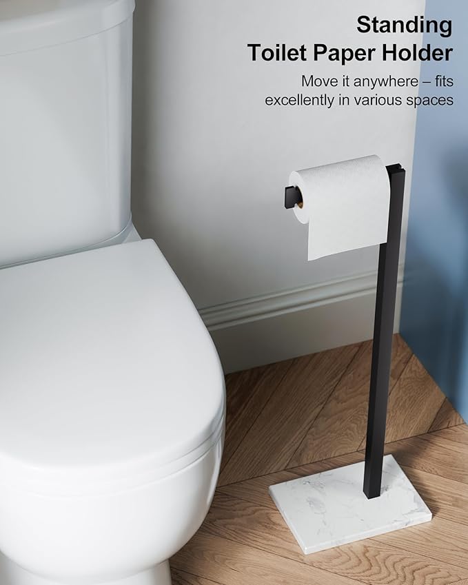 HOMEMYSTIQUE Free Standing Toilet Paper Holder Stand Matte Black SUS 304 Stainless Steel Rustproof 22" Rotating Bathroom Tissue Roll Holder for 4 Rolls with Marble Base