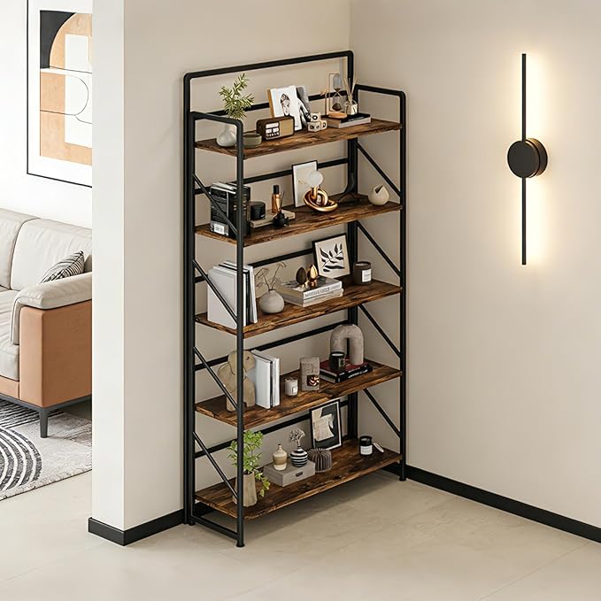 JSB Folding Bookshelf,Industrial Storage Shelves, No Assembly Vintage Wood Look Bookshelf with Storage Shelves for Living Room, Bedroom, Office (Fire Brown, Wide 5-Tier)