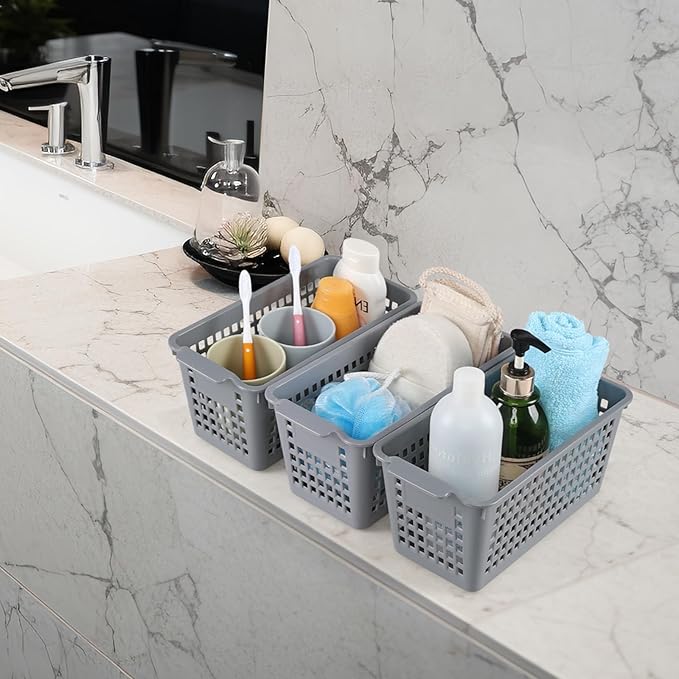 Ggbin Grey Plastic Stacking Storage Basket, Slim Pantry Basket Bins, 6 Packs