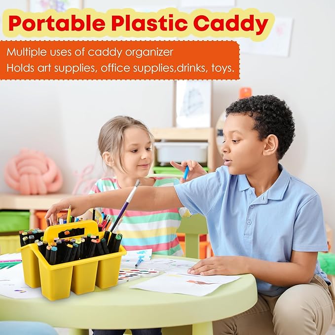 ALINK Classroom Caddy Storage Basket with Handle, 6 Pack Plastic Arts Office Crafts Caddy 4 Compartments for Kids, Pencil, Crayon, Marker, School Supplies, 6 Colors