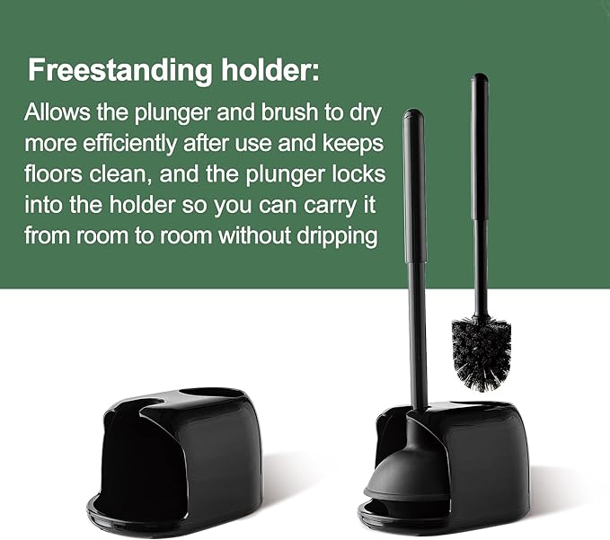 Eyliden Toilet Plunger and Brush, 2 in 1 Toilet Bowl Brush Plunger Set with Holder, Bathroom Cleaning Tools Combo with Caddy Stand (Black)