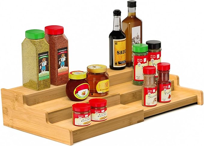 Spice Rack, 3-Tier Expandable Bamboo Spice Rack Organizer for Cabinet - Kitchen, Pantry and Cupboard Storage Organizer