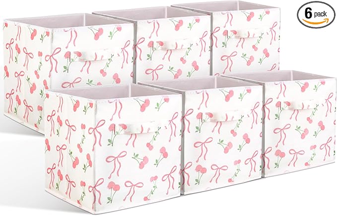Geelin 6 Pcs Pink Bow Cherry Cube Storage Bins 11 Inch Storage Basket with Handle, Preppy Girls Organizer Basket, Collapsible Fabric Box for Classroom Bedrooms Office Home Decoration Gift